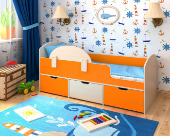 Кровать Малыш-мини с бортиком Дуб молочный/Оранжевый в Ярково - yarkovo.mebel54.com | фото
