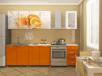 Кухонный гарнитур 1,6м Апельсин (Белый/Оранжевый металлик/Фотопечать апельсин) в Ярково - yarkovo.mebel54.com | фото